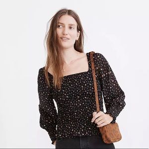 NWT Madewell black floral bubble sleeve smocked square neck top
